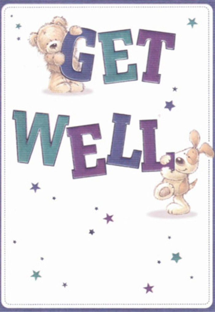 This get well card, illustrated with gentle cheer, features a friendly bear and an eager puppy amid dancing stars, capturing the kind of heartfelt encouragement often found in Chessington's neighbourly exchanges. The bear, perched above commanding block letters shaded in hues of regal purple and gentle aqua, gazes kindly, as the puppy's floppy ears bring a softness to the scene below. Their joyful interaction reflects the comfort of sharing good wishes over tea at a Chessington café on a bright morning. Scattered twinkling stars echo notes of hope, much like an unexpected bouquet brightens a recovering friend's day. There's a tactile energy to the drawing-the bear's fuzz and the puppy's velvety fur almost tangible, reminiscent of the texture and care in hand-tying fresh posies at Flowers Chessington. The bold typography leaps confidently from the page, transforming a simple sentiment into a tangible expression of support. Together, the card's layout and colours radiate positivity and exhilarate the spirit, serenely lifting the mood of anyone in need, and offering a warmth that feels unique to Chessington's caring community.